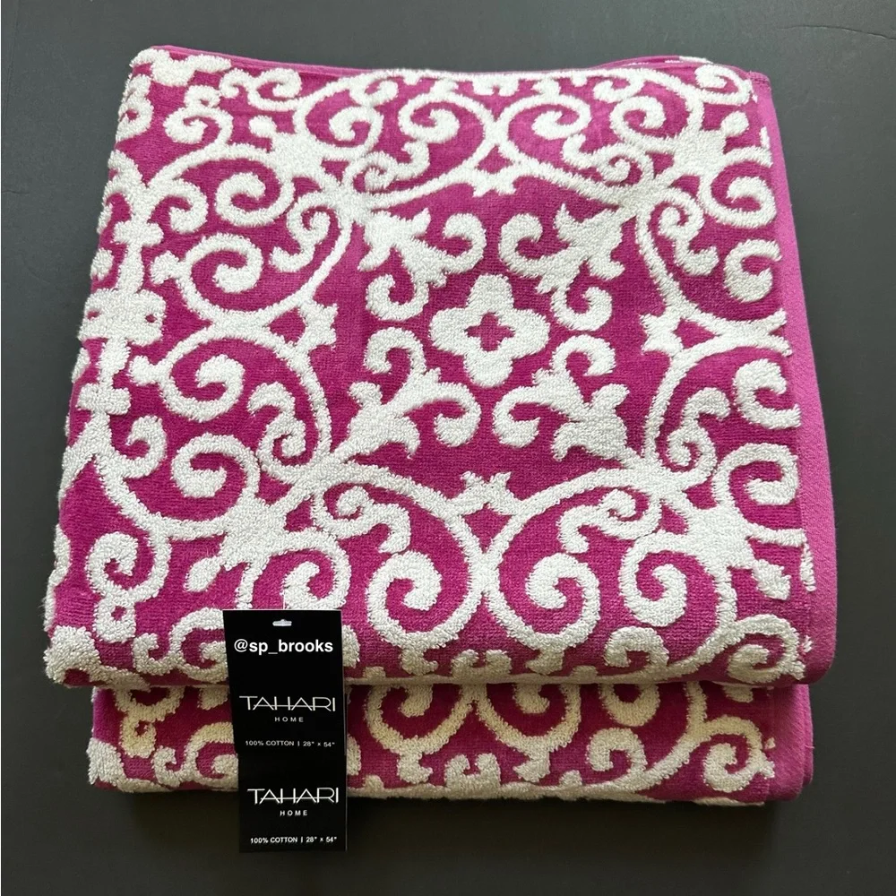 🎁6PC Tahari Bath Towel Set -Fuchsia Scrolls Decorative Towels- Reginazt - Cotton